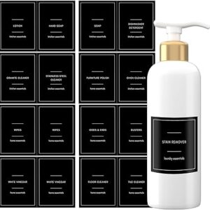 Quintessential Pack of 64 Waterproof Soap & Spray Labels for Plastic/Glass Bottles, Kitchen/Bathroom Soap & Shampoo Conditioner Dispenser Labels Removable Cleaning Stickers 2.5"x 2.5"(Black)
