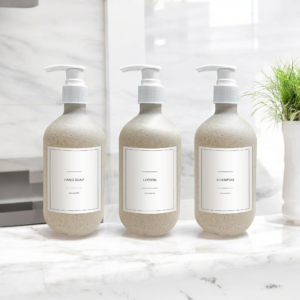 Quintessential Soap Dispenser Set of 3 with Pump Nozzles, Wheat Straw Bottles 500 ml Dispenser, Refillable Liquid Dispensers for Bathroom Countertop & Dish wash Soaps with 14 Organizing Labels ( White )