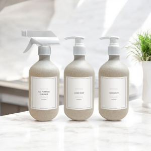 Quintessential Pack of 3 Dispensers, Wheat Straw 500 ml Soap & Spray Bottles | Refillable Liquid Dispensers for Dish Wash Soaps and Lotions with 8 Organizing Labels (1 Spray & 2 Dispensers Bottles)