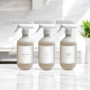 Spray Bottle Set of 3 with White Spray Nozzles - 500 ml Wheat Straw Spray Bottle | Leak-proof, Reusable, Dispensers for DIY Products, Hair Care, Cleaning with 8 Organizing labels